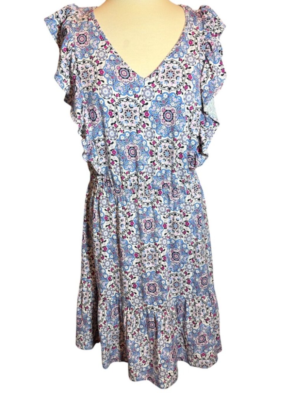 Loft Colorful Spring Ruffle Sleeve Synch Waist Dress